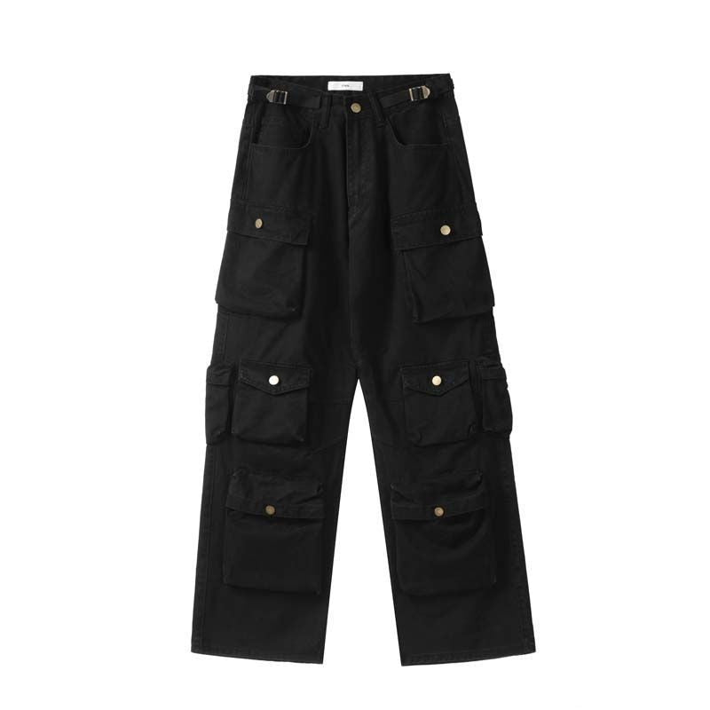 Pocket Solid Color Overalls Jeans Women's Y2K Street Retro Loose Wide-Leg Overalls Couple Casual Joker Mopping Jeans Pants Women