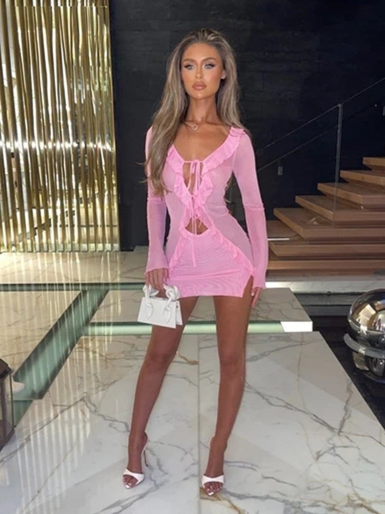 Townlike Sexy 3 Pieces Set Women Long Sleeve Crop Top And Mini Skirts And Bra Slim Three Piece Set 2023 Spring Summer Outfits 23008pink