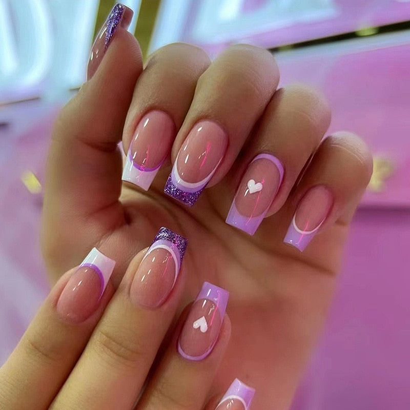 24pcs/Box Long T Handmade Valentine's Day French Flame Wave Love With Diamond False Nail Enhancement Waterproof Gel Fake Nails Nails Art-W340