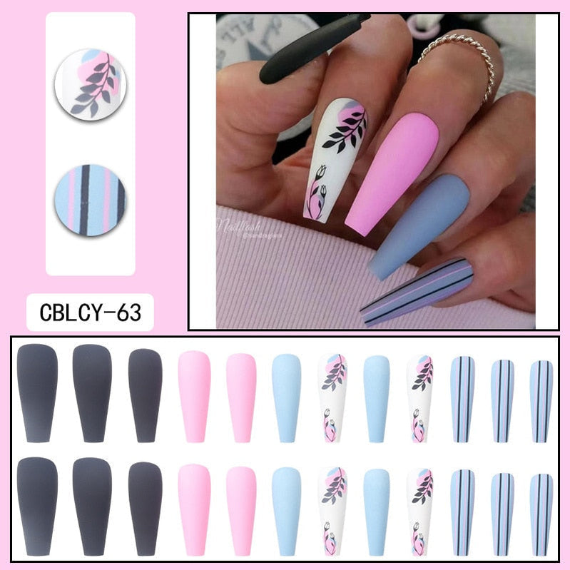 Glossy Pink Wearable Nail Art Blue Rhinestone Extra Long Ballet Detachable Finished False Nails Press on Nails with Glue MT804CBLCY63
