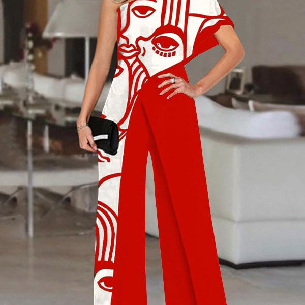 Women's Summer Rompers Elegant Office Formal Jumpsuits Casual Solid One Shoulder Sexy Loose Party Overalls Oversized Style C Red