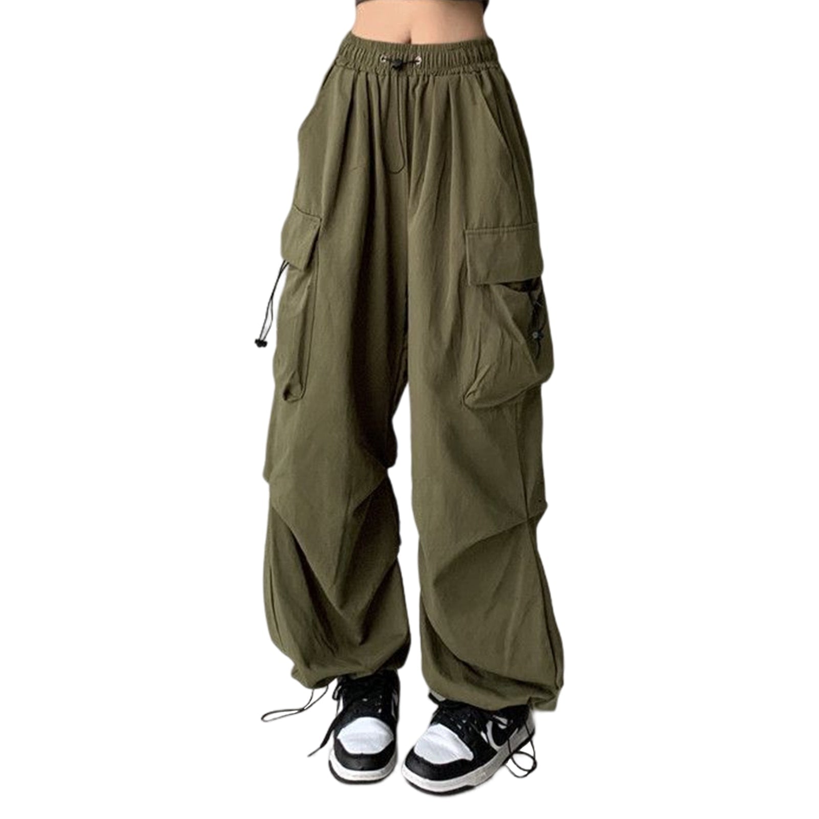 Fashion Casual Cargo Pants American Style Women Casual Cargo Trousers Elastic Waist Vintage with Pockets Solid Color Streetwear Army Green