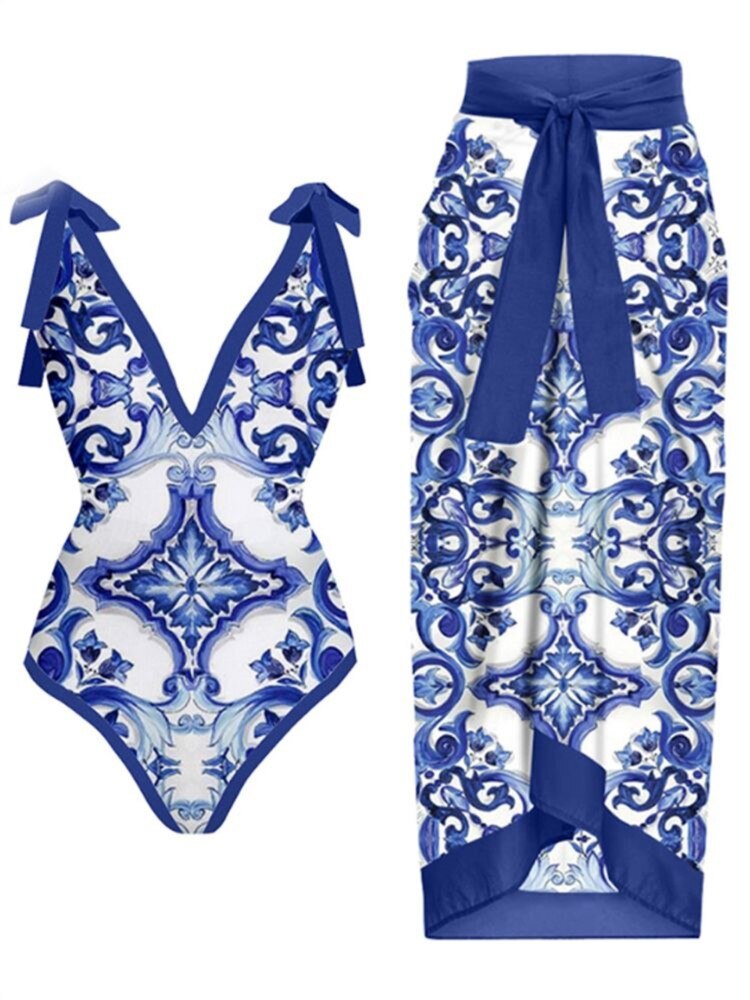 Skirt Cover Up Bodysuit Set Women Bandage Bathing Suit Swimwear Summer New Fashion Print Beach Holiday Bodysuit Cover Up Outfits