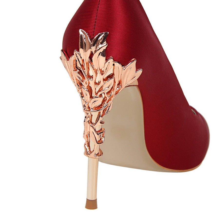 Luxury 10cm High Heels Woman Metal Carving Heels Satin Silk Dress Pumps Lady Wedding Bridal Scarpin Catwalk Green Wine Red Shoes