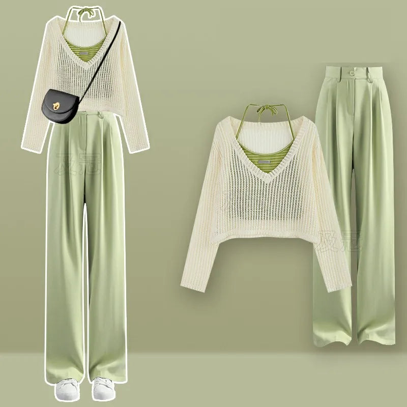 Women's Summer Fashion Hollow Out Shirt+Suspender+Wide Leg Pants Three Piece New in Matching Set Korean Elegant Tracksuit Green Three-Piece