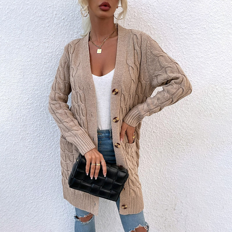 Casual Long Sweater Full Sleeve Single Breasted Solid Knitted Cardigan Women kakhi