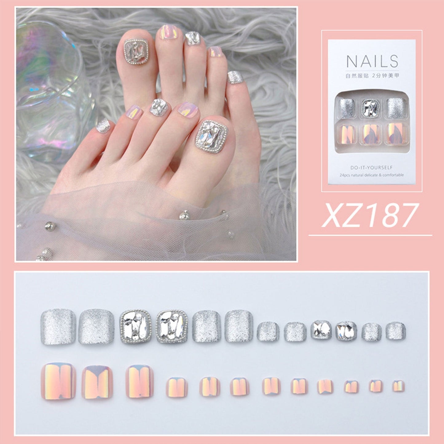 Summer Gold Full Diamond Feet Nails Press On Fake Glitter Toe Nail Stickers Full Cover Toe Nail Tips False Foot Nails