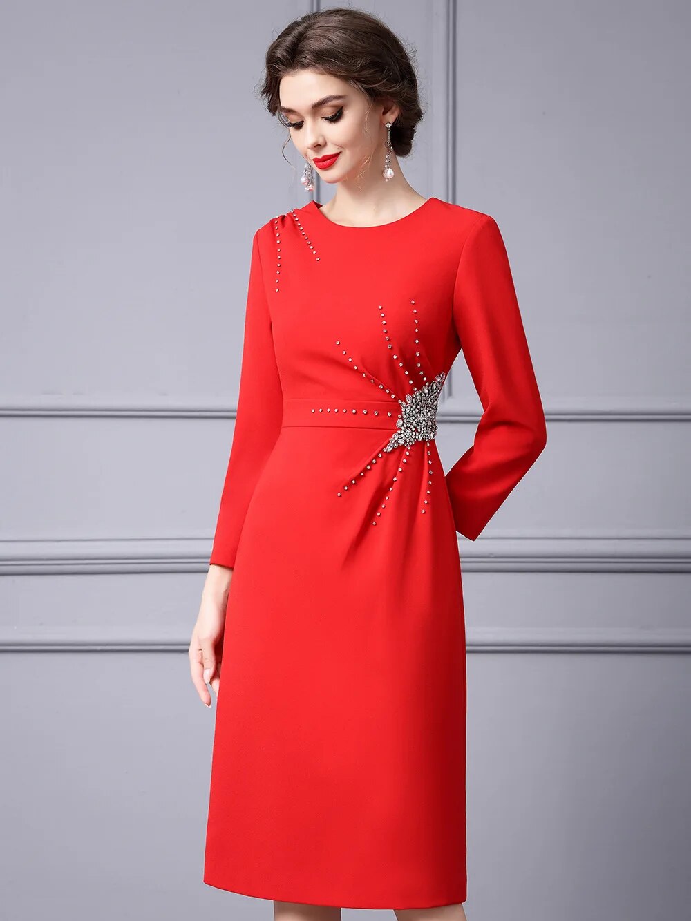 Autumn Luxury Diamonds Party Formal Occasion Dresses for Women Elegant Christmas Red Cocktail Vestidos Fiesta Robe