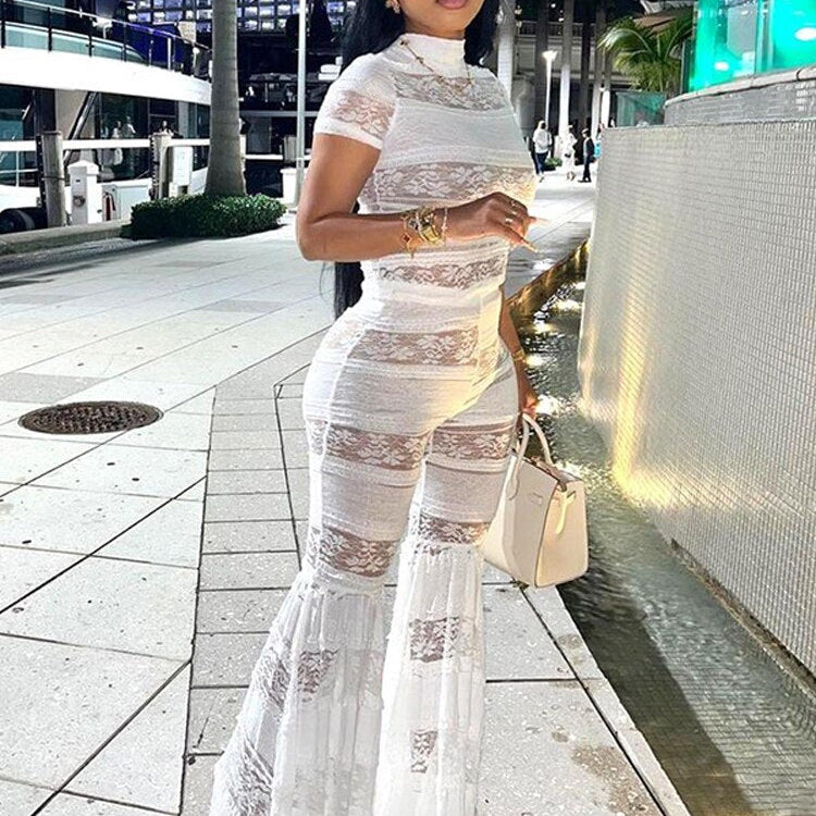 Fall Two Piece Sets Outfits Women Short Sleeve Lace Mesh Tops High Waist Pants Suits Autumn Party Club Matching Sets White