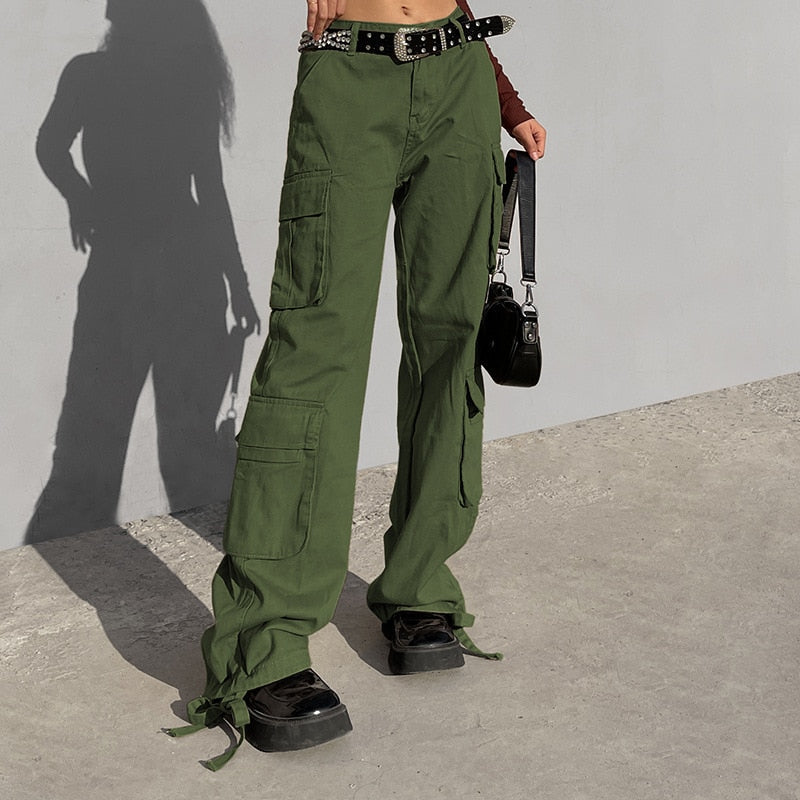 PASSIONNÉ Trousers for Women High Waist Pockets Lace-up Wide Leg Pants Female Vintage Streetwear Style Fashion New