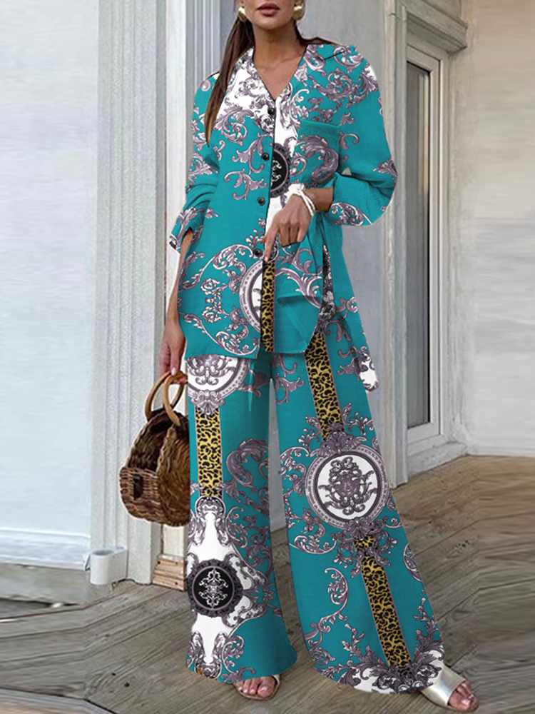 Fashion Women Leopard Print Pant Sets Casual Loose Tops and Pant Outfits Autumn Wide Leg Pant Leisure Two Piece Sets (Printed 2)Lake Blue