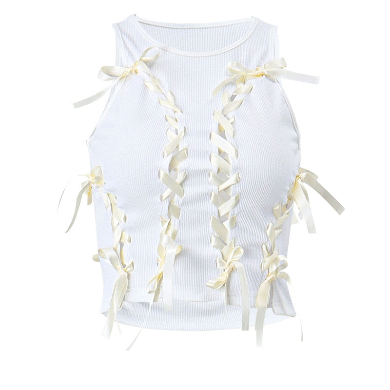 PixieKiki Y2k Fairy Aesthetic Bow Lace Up Hollow Out Ribbed Crop Tops White Summer Sexy Tank Top for Women Summer 2023 P33-BC10
