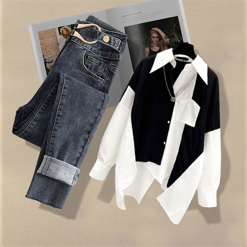 Spring and Autumn Set Women's New Dress Western Shirt Top Versatile Jeans Two Piece Y2k Clothes Women's Pants