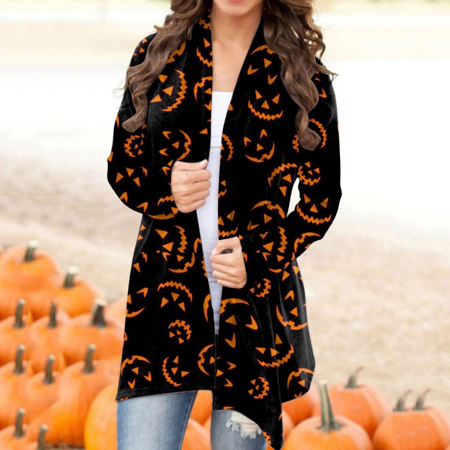 Autumn Winter Cardigan Women Halloween Skull Print Casual Open Stitch Lady Elegant Sweater Coat Casual Blouse Clothes Streetwear