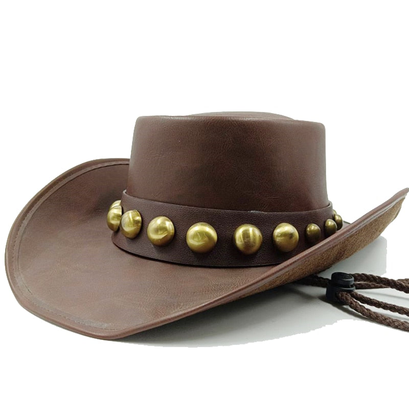 Retro Unisex Vintage Wide Brim Leather Cowboy Cowgirl Western Hat With Tassel Braid Leather Band Size 58-59CM