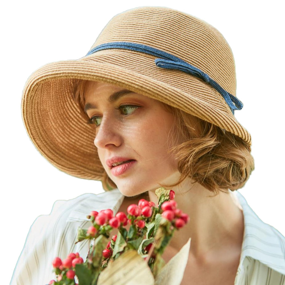 FS French Straw Bonnet Cap for Women Victorian Sun Hats Chin Strap Foldable Summer Accessories Bucket Hat Fedoras For Beach