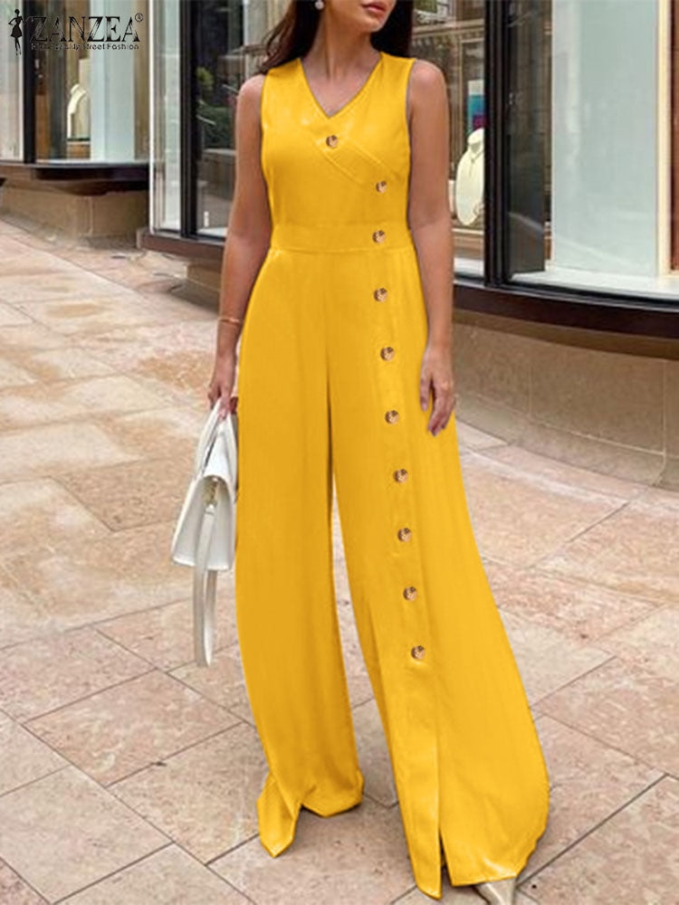 ZANZEA Wide Leg Pant Buttons Split Jumpsuits Summer Casual Fashion Sleeveless Long Rompers Women V Neck Wasited Playsuits