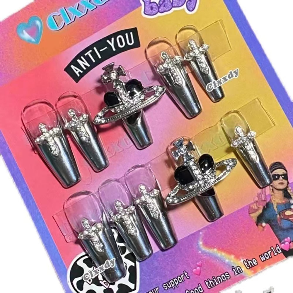 Fashion Cool Personality Cosplay Party Nails Long Coffin 3D High-End Chain Nail Tips Girls Gift Accessories