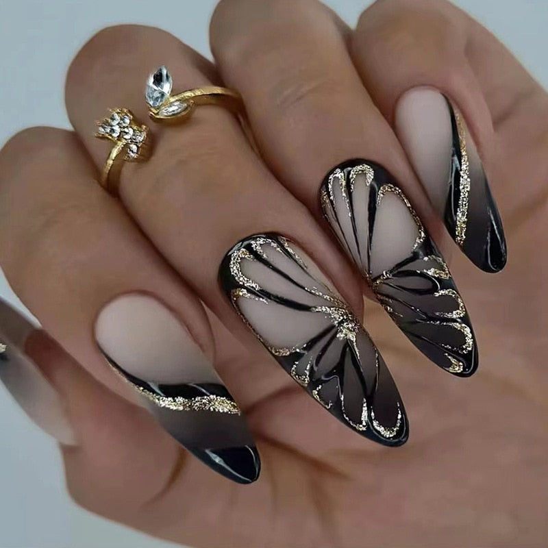 24pcs/set Long Stiletto Fake Nails Punk Snake Pattern Black White Matte False Nails Artificial Full Nail Tips Manicure Tools