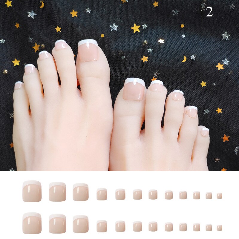 False Toenail 24Pcs/Box Toe Nail 3D Glitter Decor Press On Fake Nails With Glue Detachable Square Short Full Cover DIY Nail Tips