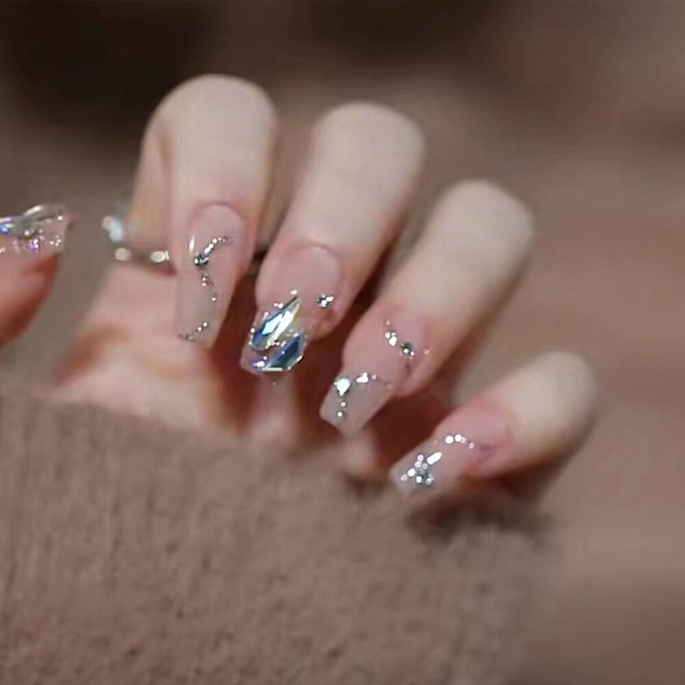 Gradient Fake Nails Press on Nail Diamond Cross Art Long Tips False Forms with Glue Stick Stickers Reusable Set CZ117