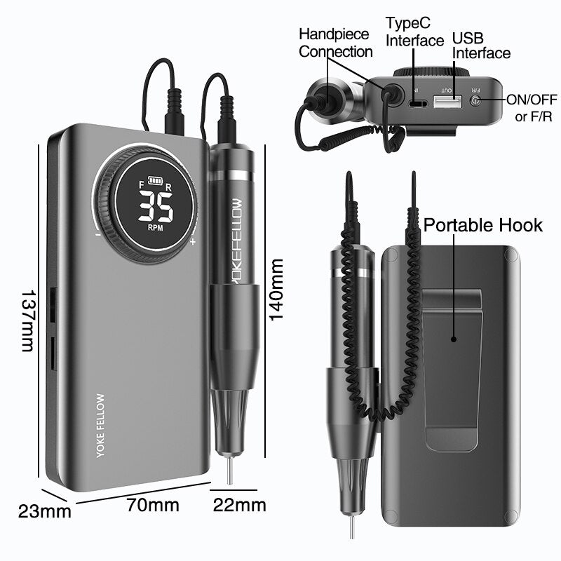 Professional Nail Drill Machine Kit 35000RPM Rechargeable Portable Electric Nail File for Manicure Acrylic Gel Nails