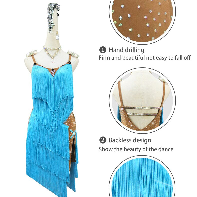 Latin Dance Suit Woman Top Fringed Dress Stand Ballroom Practice Wear Extreme Mini Sexy Line Clothes Prom Costume Ladies Cabaret Dress and Ornaments