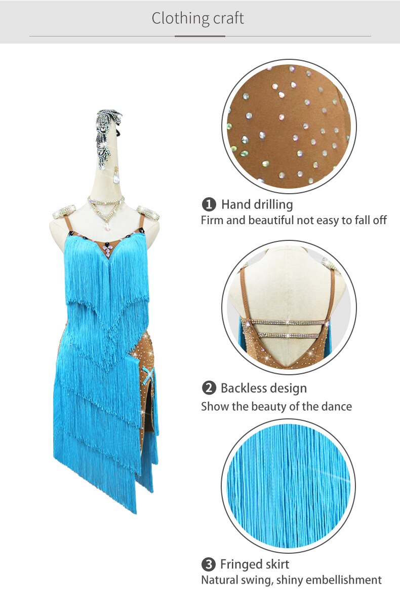 Latin Dance Suit Woman Top Fringed Dress Stand Ballroom Practice Wear Extreme Mini Sexy Line Clothes Prom Costume Ladies Cabaret Dress and Ornaments