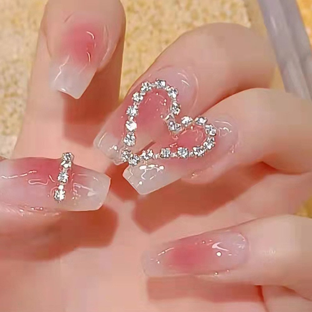 Gradient Fake Nails Press on Nail Diamond Cross Art Long Tips False Forms with Glue Stick Stickers Reusable Set CZ019