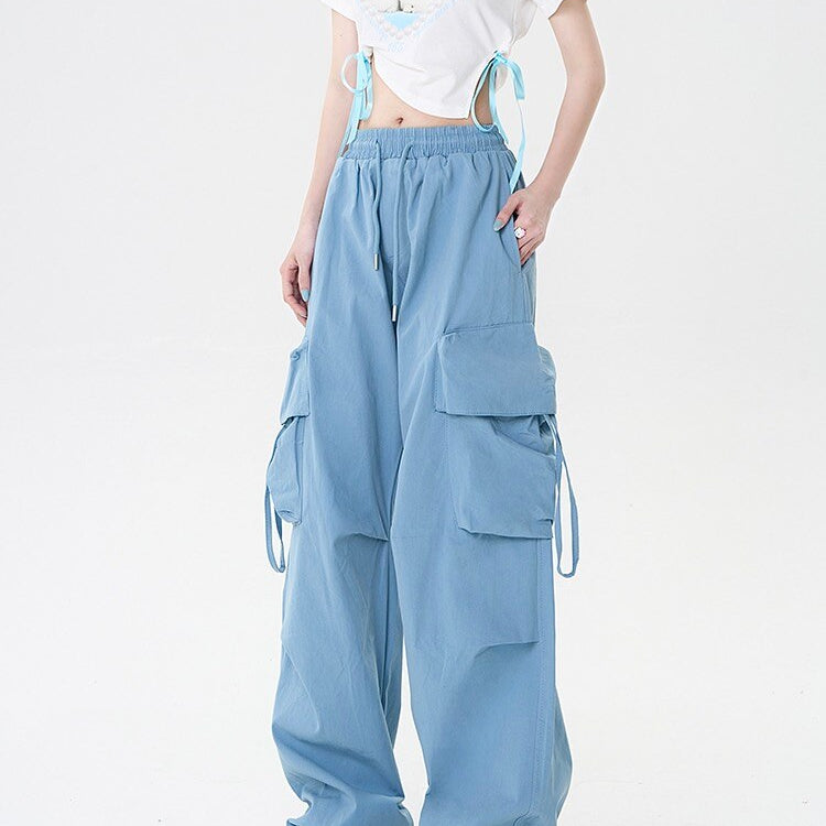 HOUZHOU Harajuku Y2k Wide Cargo Pants Women Baggy Hip Hop Style Black Parachute Pants Pink Oversized Joggers Korean Streetwear Blue