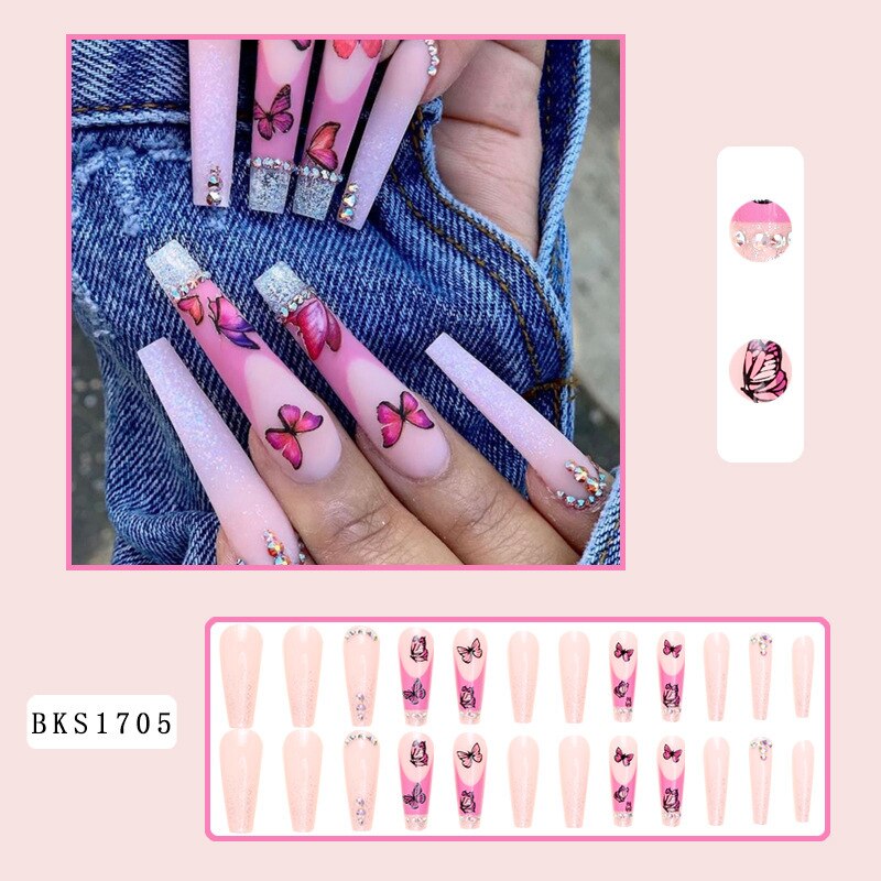 3D fake nails accessories long french coffin tips with red butterfly diamond glitter designs faux ongles press on false nail set