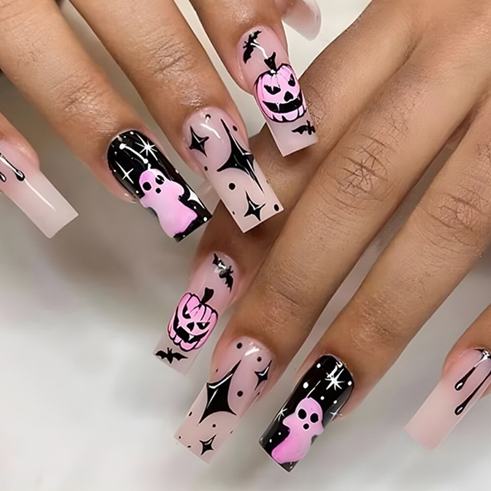 New Halloween Fake Nails Patch Black Almond/Coffin Head Artificial Nail Tips Pumpkin Spider Ghost Printed Press on Nail for Girl Spain Z1