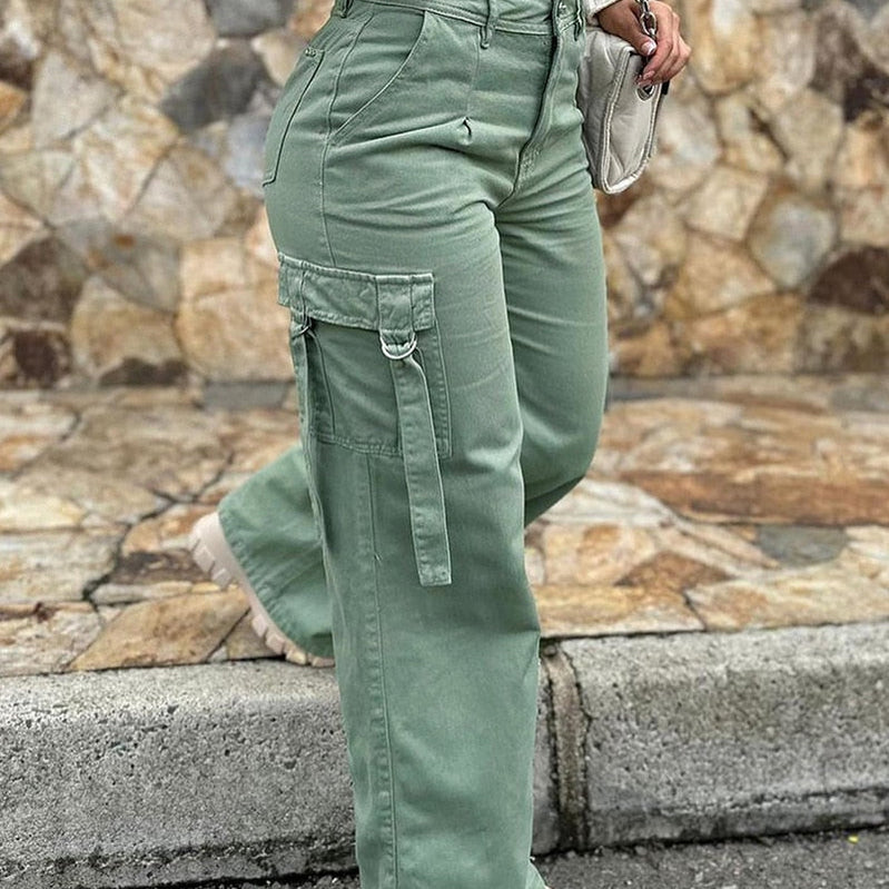 Pocket Design High Waist Cargo Pants Women Solid Color Summer Spring Pants Safari