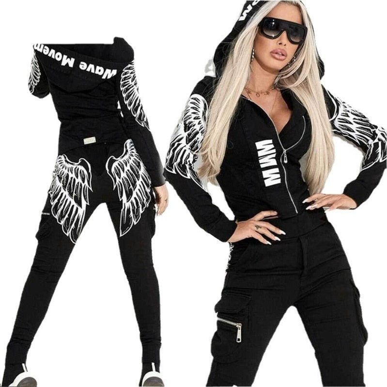 Autumn And Winter New Fashion Sexy Women's Suits Wings Print Zipper Hooded Street Shooting Casual Suits