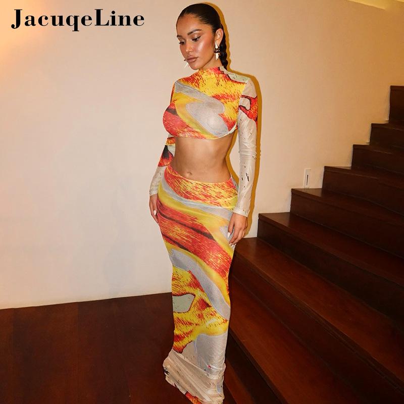 Jacuqeline Sexy Mesh See Through Print Dress Sets Club Party Clothing Long Sleeve Crop Tops and Low Waist Long Skirt Sets