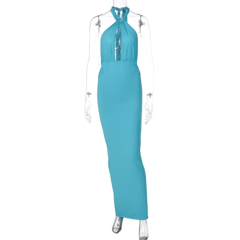 One Shoulder Backless Adjustable Scarf Loop Ruched Sexy Maxi Dress 2023 Women Elegant Y2K Vintage Dress Fashion Summer Robe Size