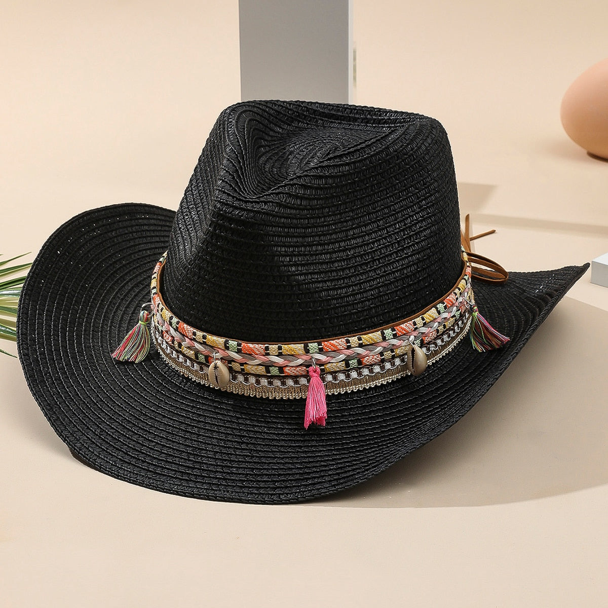 Women Pink Tassel Cowboy Hat Floppy Beach Hats Summer Straw Hats Ladies UV Protection Hat Panama Sun Hat
