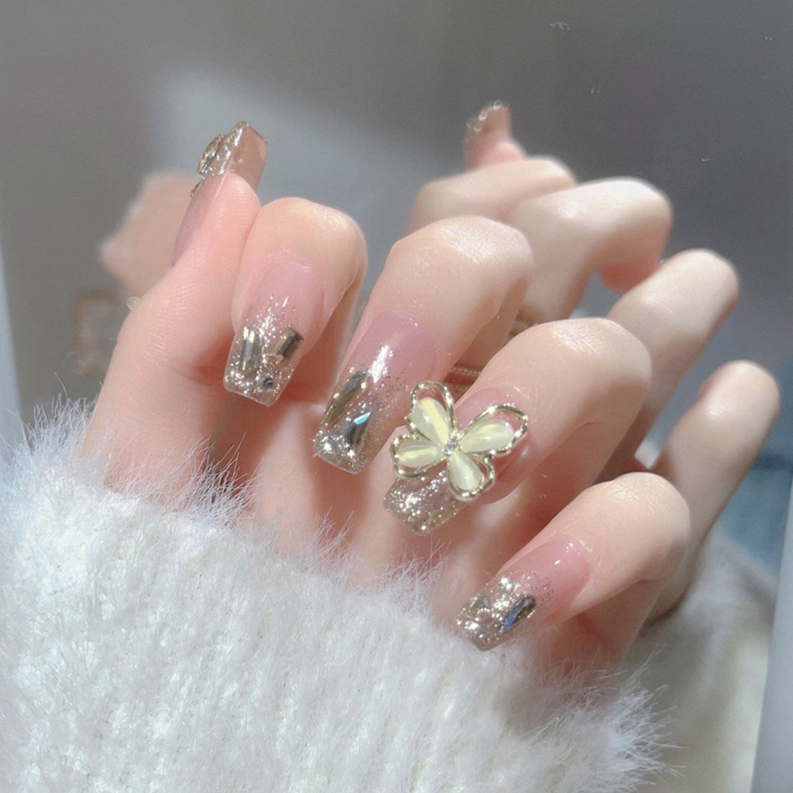 French Style False Nails Glitte Bow Design Fake Nail Patch False Nail Patch Mid Length Coffin Ballerina Acrylic Artificial Nails Spain 1008401