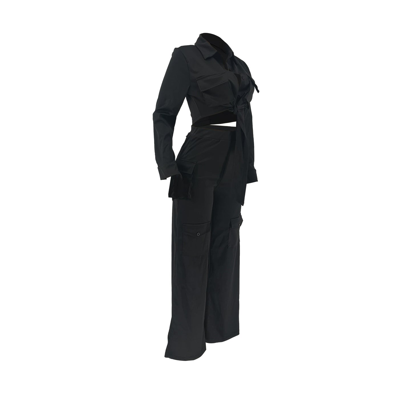 Autumn Winter Casual Solid Color Long Sleeve Shirt Pants Tooling Multiple Pockets Wide Leg High wWaisted Knit Women Set