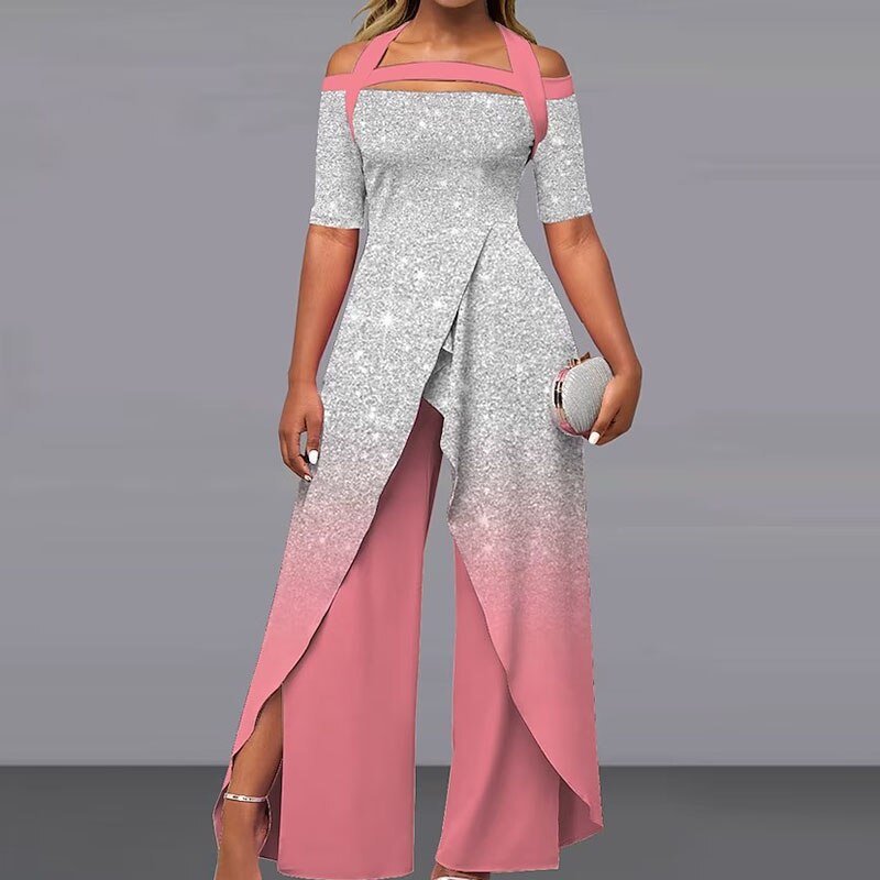 Elegant Pattern Print Short Sleeve Long Jumpsuit Women Chic Backless Lace-up Irregular Overall 2023 Fashion Female Split Romper