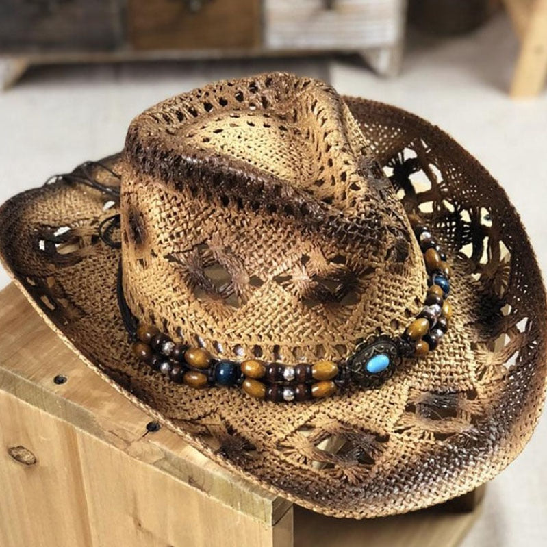 Fashion Rolled Jazz Cowboy Straw Hat Spring And Summer Men And Women Gem Strap Beach Sun Cap Outdoor Sun Shade Hollow Knight Hat