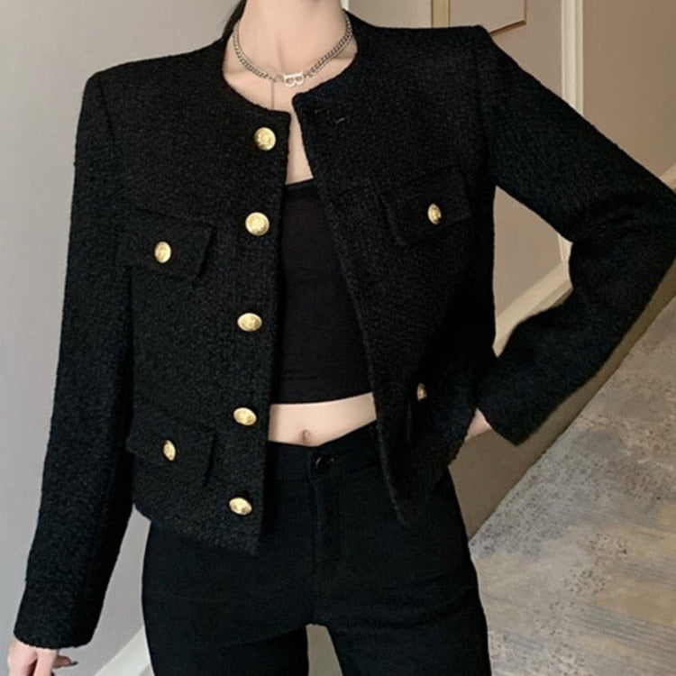 Fall Winter French Vintage Small Fragrant Tweed Jacket Coat Women Elegant Casual Woolen Short Coats Streetwear Outwear Crop Top