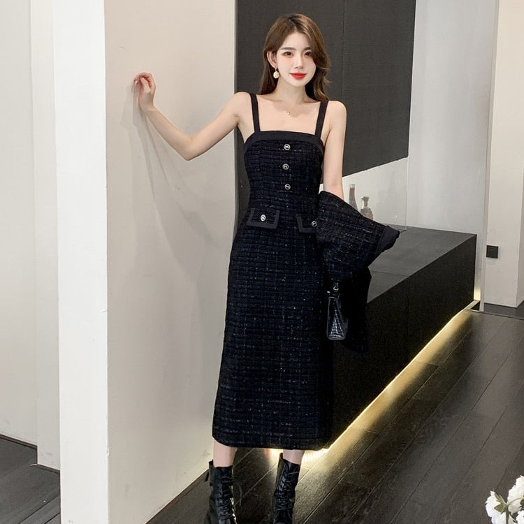 Luxury Tweed Two Piece Set Women Outfits Female Vintage Lapel Short Jacket Coat+Spaghetti Straps Dress Suit Fall Winter Woolen S