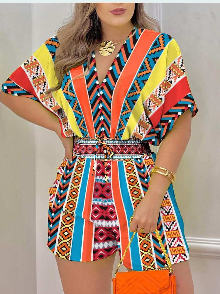 Summer Women Print Jumpsuit Fashion Casual Playsuit V-neck Elegant Romper New Holiday Short Sleeve Outfits Streetwear Jumpsuit Fluorescein