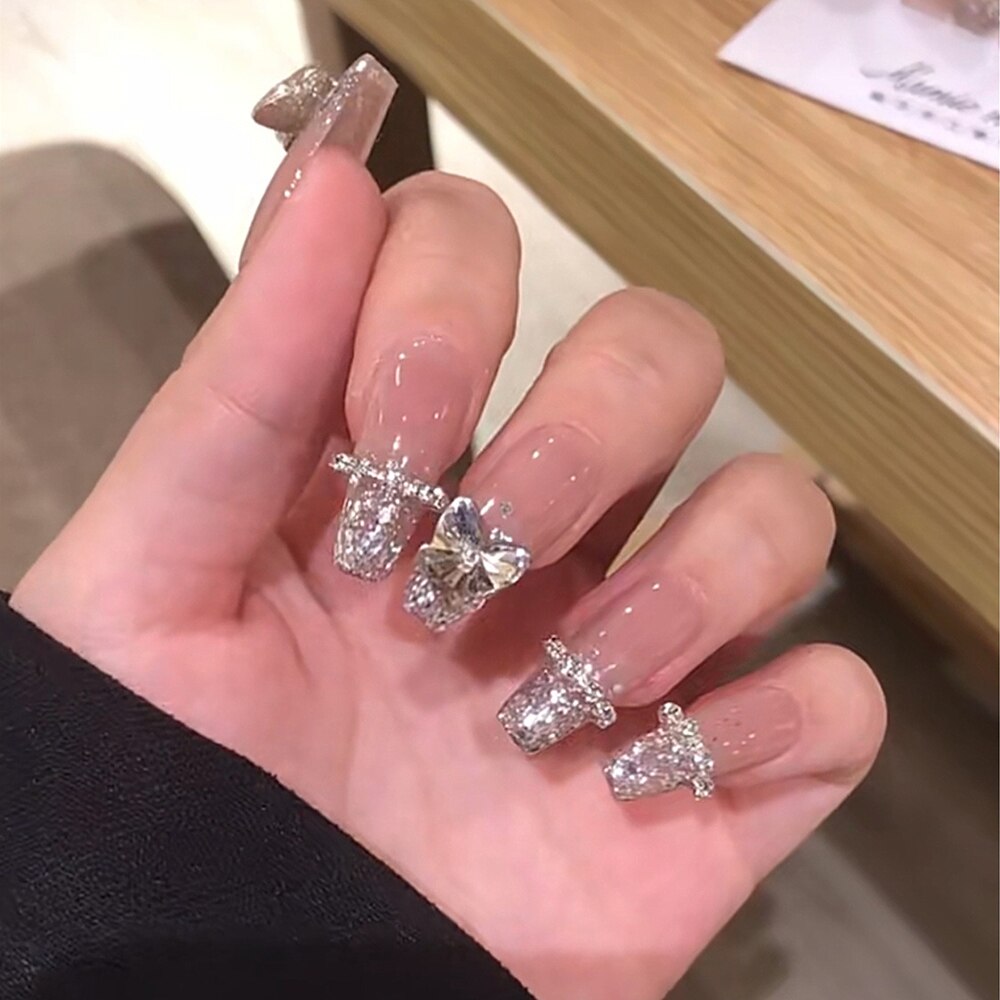 Autumn French False Nails with Butterfly Pearl Decor Bride Fake Nail Wearable Press on Nails Coffin Ballet Nail Tips for Girls S12