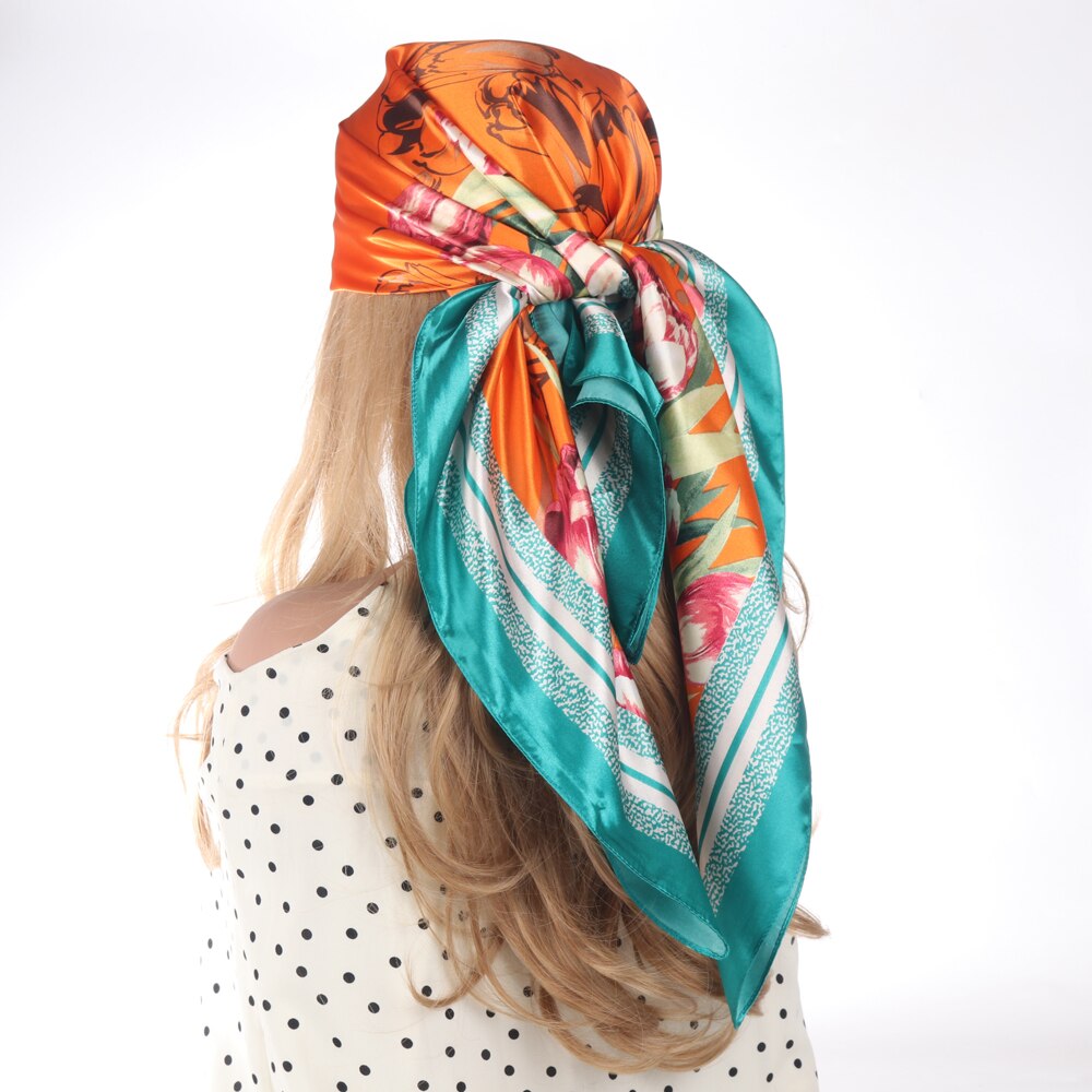 Silk Scarves Luxury Brand Spring Summer Women Head/Hair Scarf 90X90cm Fashion Hijab Bandana Cheveux Foulard Femme BK50-28 90X90CM