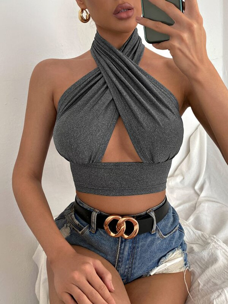 Women Summer Tank Tops Sexy Solid Color Cross Halter Neck Push Up Hollow Crop Tops High Street Wear 2023 New Fashion Gray