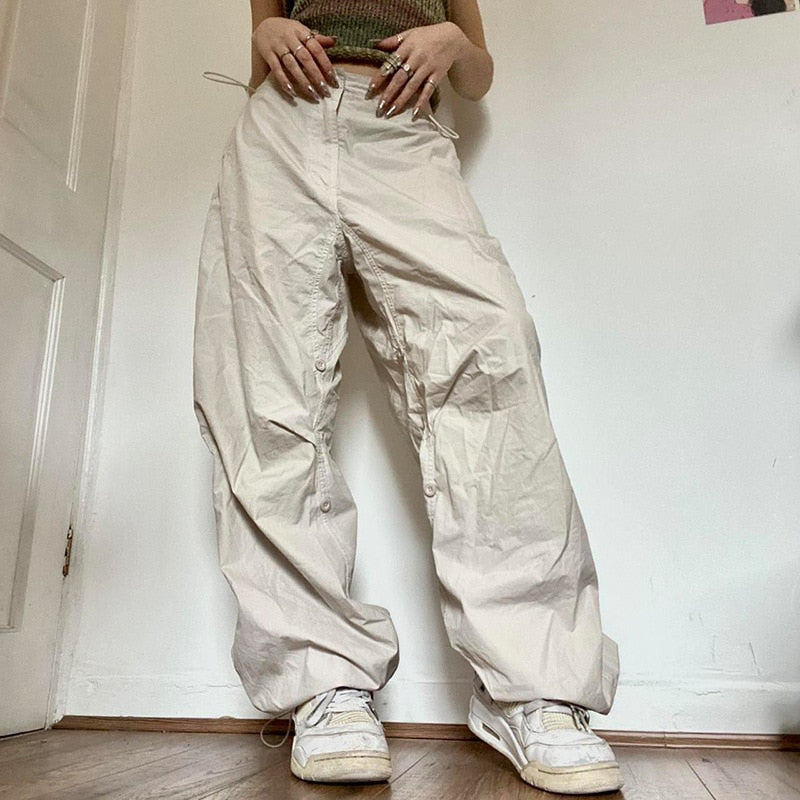 Women Spring Retro Solid Loose Drawstring Trousers Casual Joggers Baggy Wide Leg Sweatpants Mid Waist Sporty Y2k Female Clothes beige