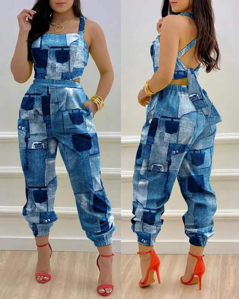 Woman Jumpsuits Elegant Jumpsuits Sexy V-neck Sleeveless Printed Jumpsuit New Fashion with Belt Vest Playsuit Streetwear G