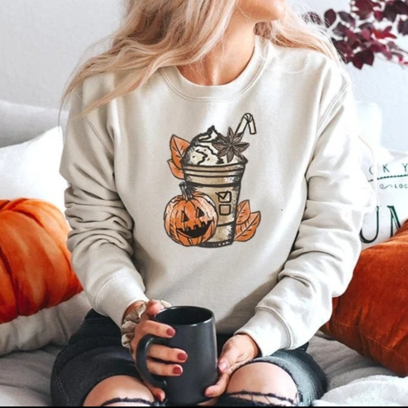 Halloween Printed Round Neck Long Sleeve Sweater Pumpkin Milk Tea